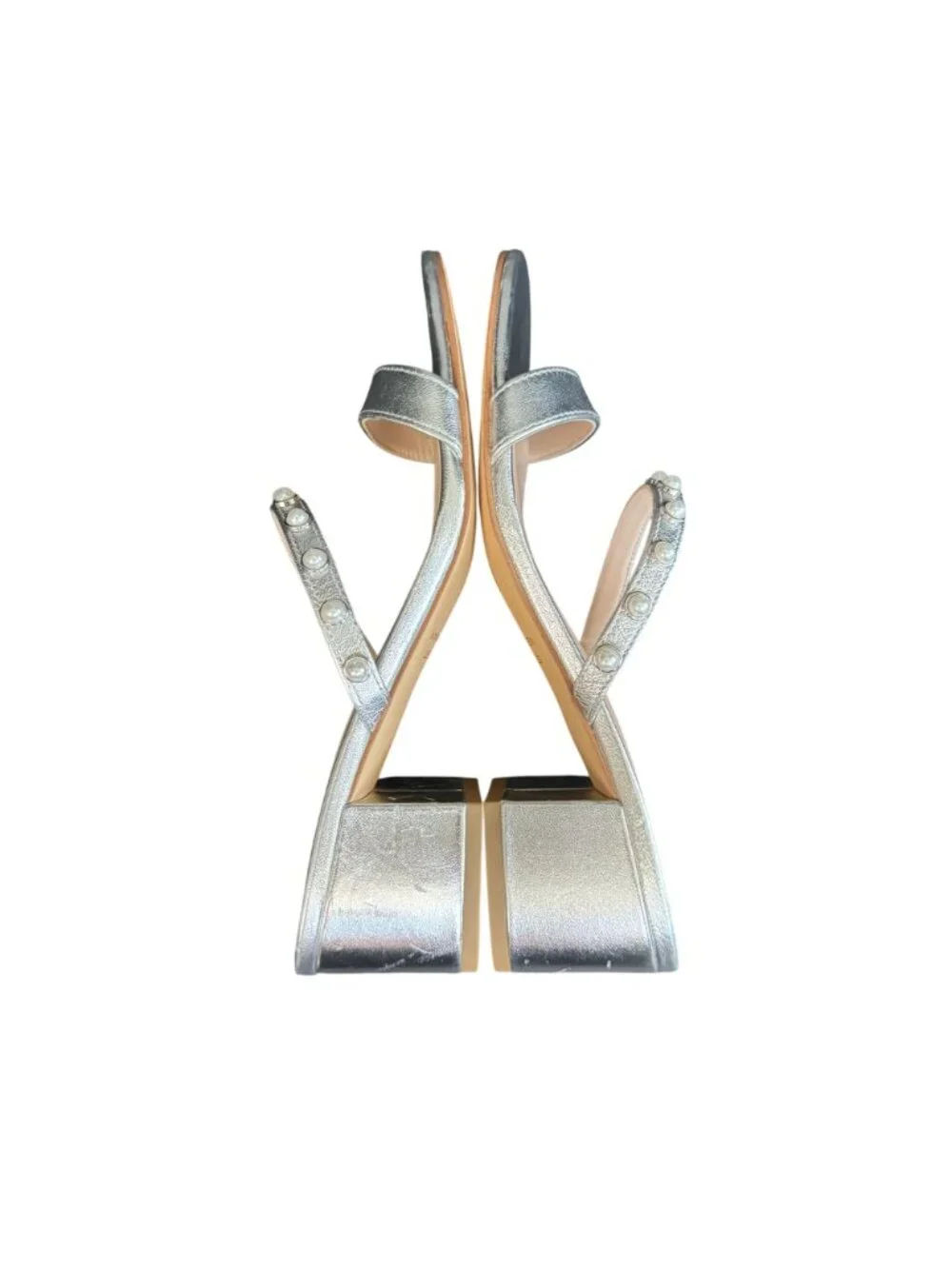 Stuart Weitzman Pearly Strap 50 Block Slide Sandals Silver, Size 6.5 WORN ONCE